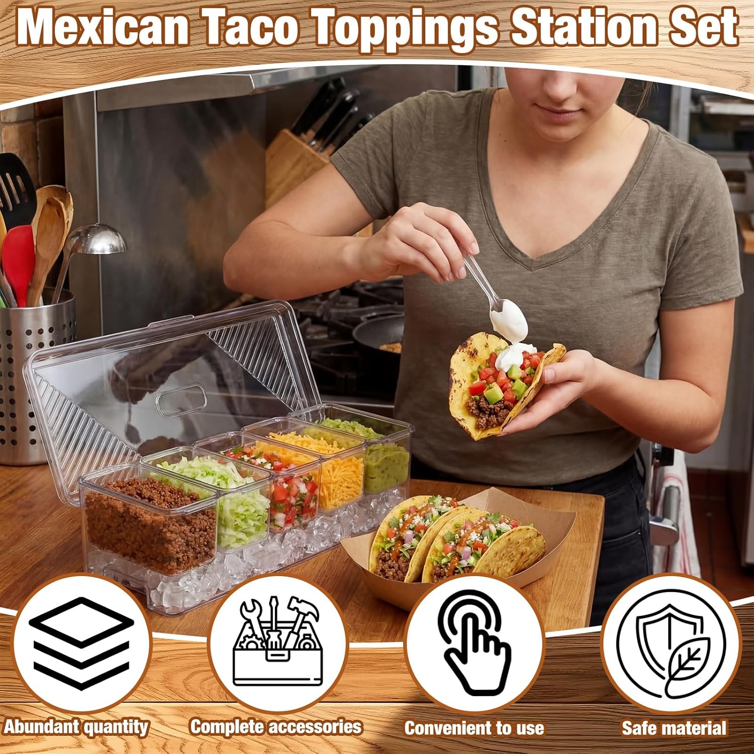 Sliner Taco Bar Serving Set for Party, Ice Chilled Condiment Caddy with 5 Containers, 50 Paper Food Trays, Scoop Spoons Clip, Fruit Salad Chilled Tray for Taco Mimosa Bar Party Beach Picnic Outdoor