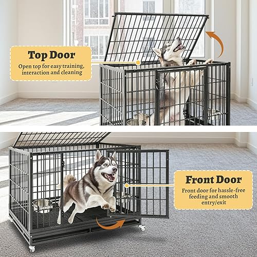 Miniatura 4 de Jaula de perro indestructible resistente de 48 pulgadas para perros grandes, a prueba de escape, jaula de metal grande para perros de alta ansiedad,