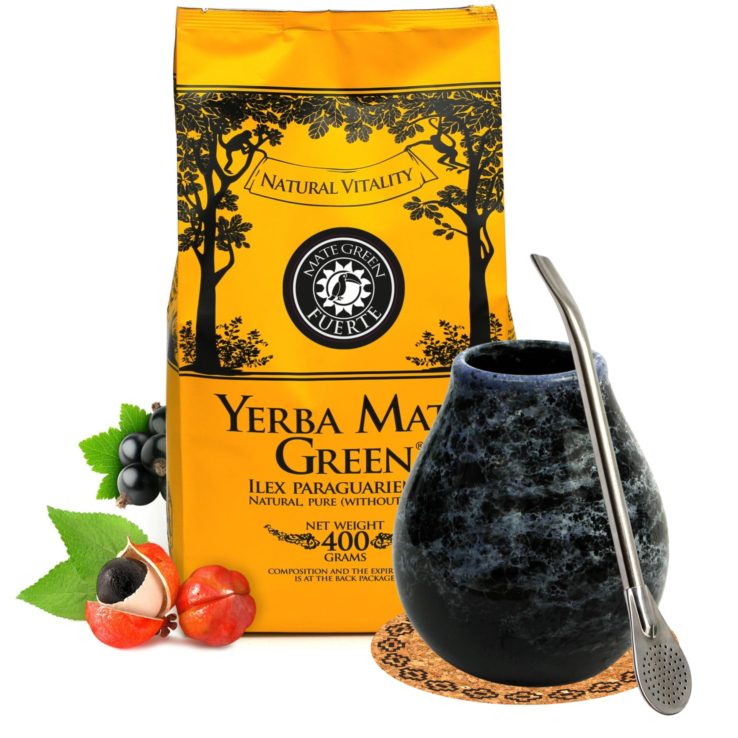 Yerba Mate Tea Starter Set with Mate Green Fuerte 400 g, Ceramic Mate Tea Cup Marmol 350 ml, Brazilian Mate Tea with Herbs, Stainless Steel Drinking Straw Bombilla Liza and Cork Pad