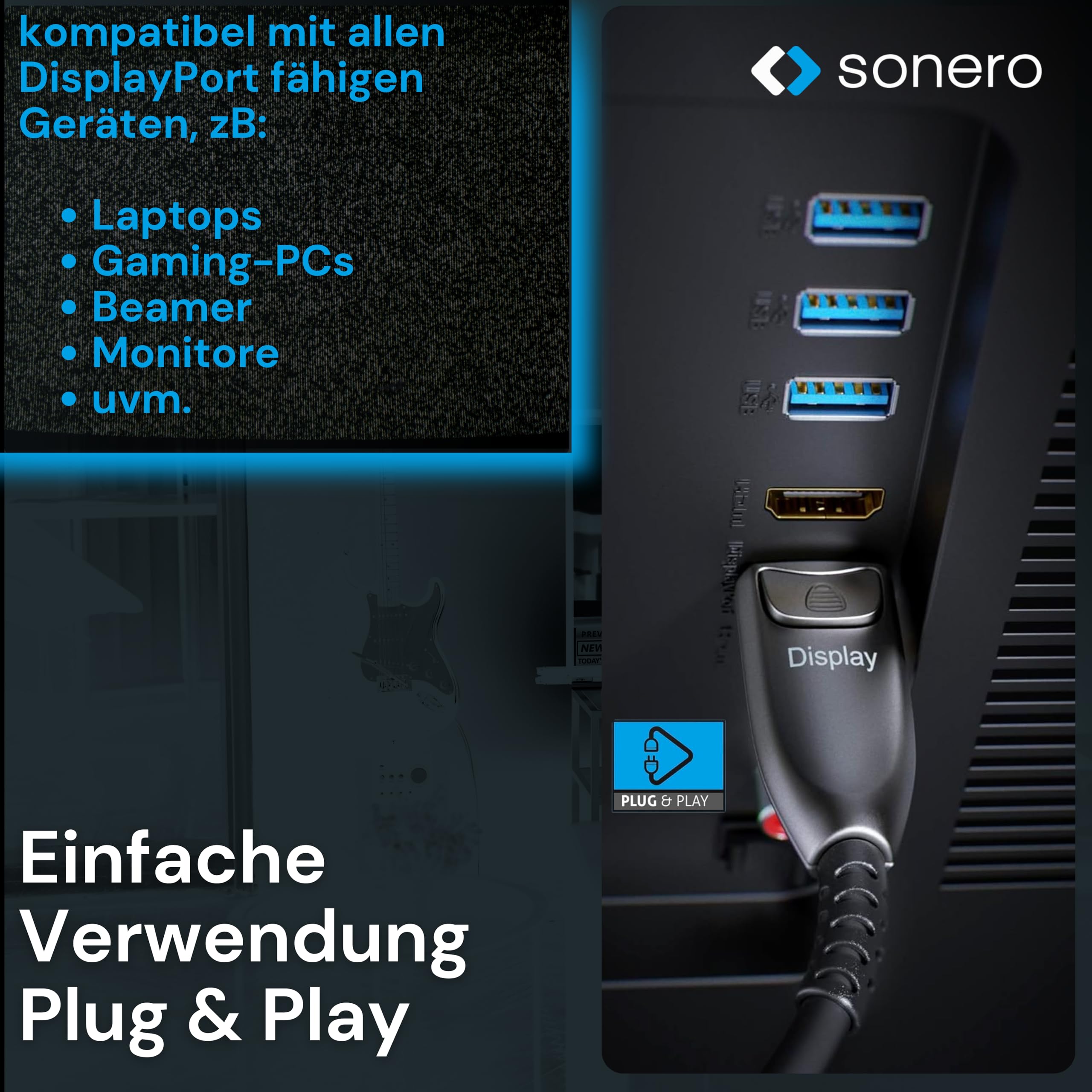 Sonero® Cavo 8K-DisplayPort 1.4, cavo ibrido in fibra ottica, risoluzione fino a 8K 60 Hz (7680 x 4320) / 4K 120Hz (3840 × 2160), supporto HDR e DSC, antracite, 20 metri