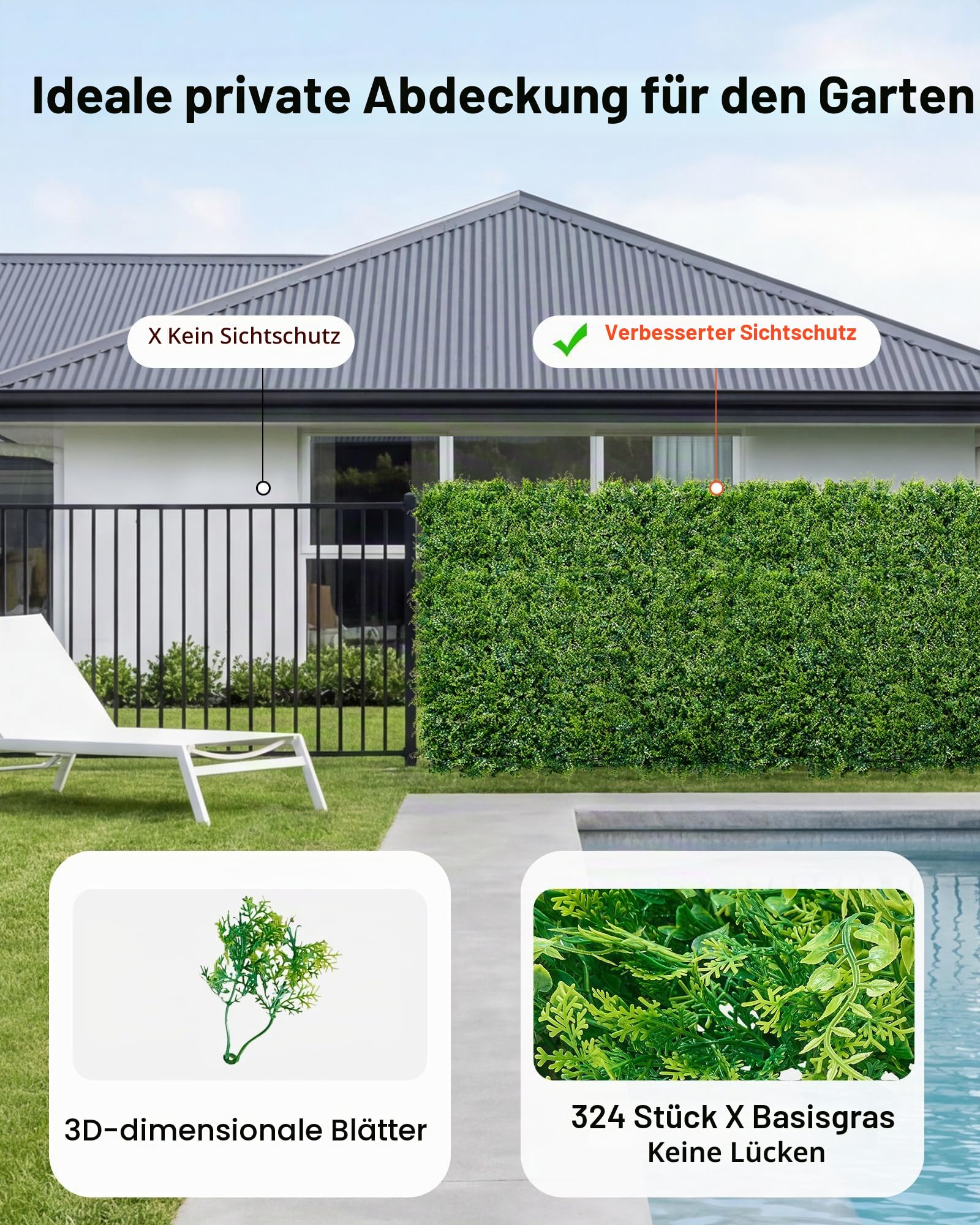 VEVOR Künstliche Hecke 50x50 cm 12-TLG. Set, Pflanzenwand, PE-Sichtschutz, Sichtschutzzaun, Windschutz, Heckenzaun, Kunstpflanzen Balkonverkleidung für Hochzeiten, Außengärten, Hinterhöfe