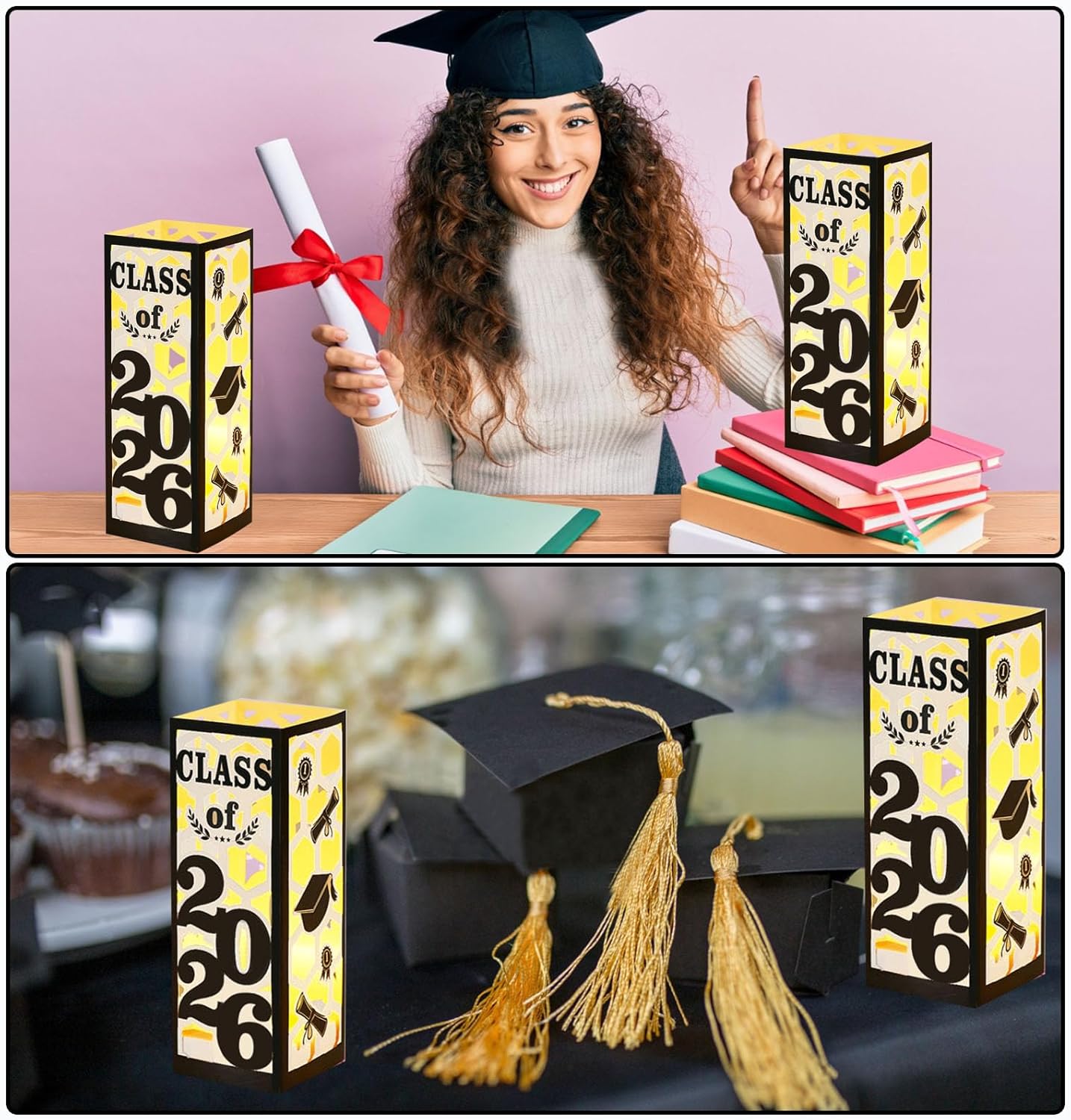 12 Pcs Light Up Graduation Centerpieces- Class of 2026 Graduation Decorations Lantern Boxes for College High School Congrats Graduation Party Supplies(Black)
