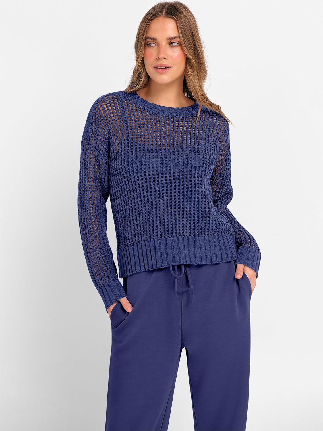 ANRABESS Womens 2 Piece Outfits Crochet Sheer Knit Sweater Top Wide Leg Pants Lounge Set Sweatsuit 2026 Spring Travel Clothes - Image 3