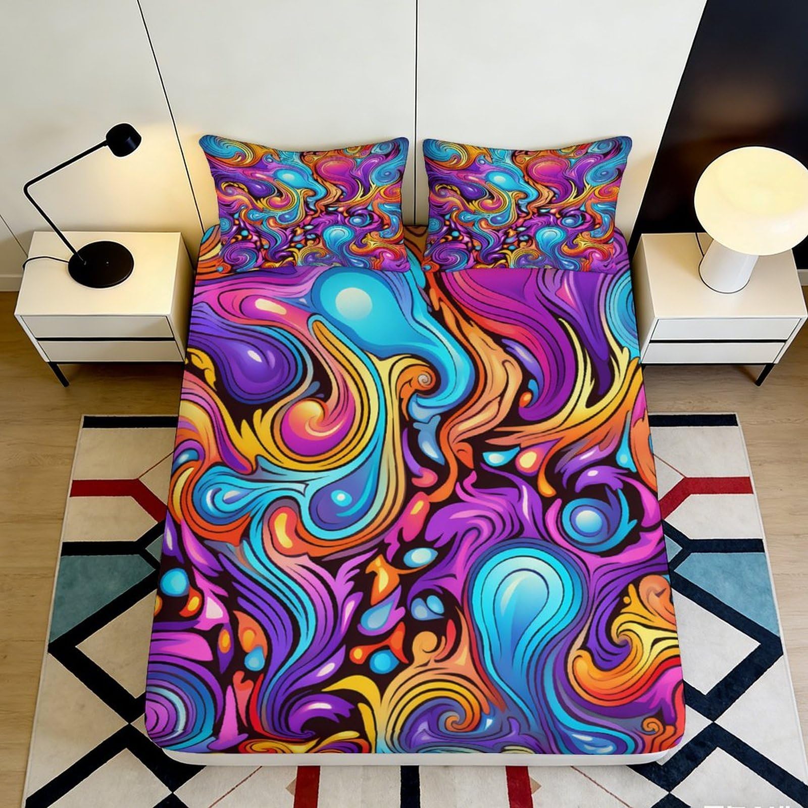 3D Printed Psychedelic Abstract Fitted Sheet Microfiber Soft Durable Modern Art Mattress Cover for Bedroom Dormitory Guest Room Stylish Protection 160x200x25cm