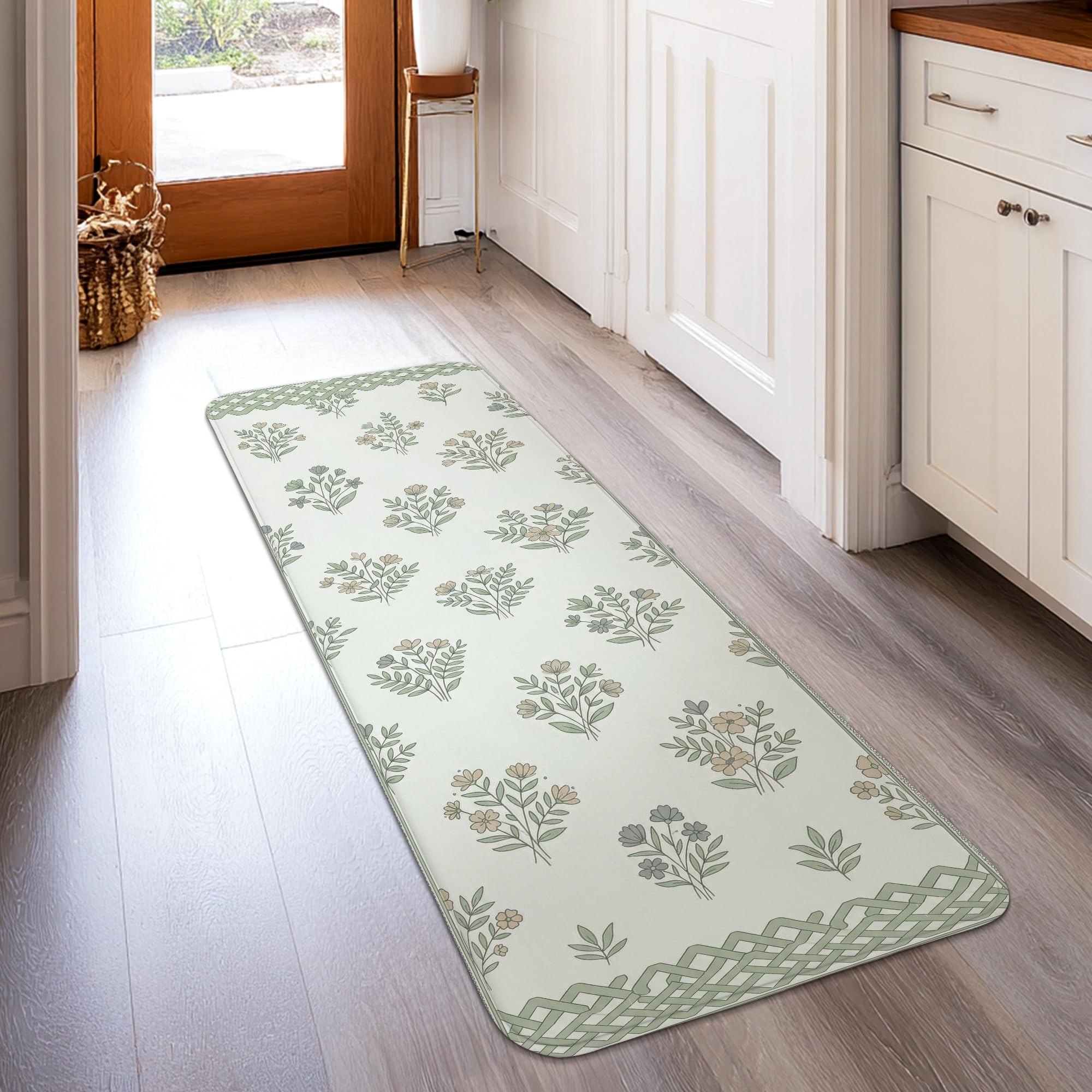 Tapis de couloir lavable antidérapant avec bordure verte tapis de sol de cuisine botanique