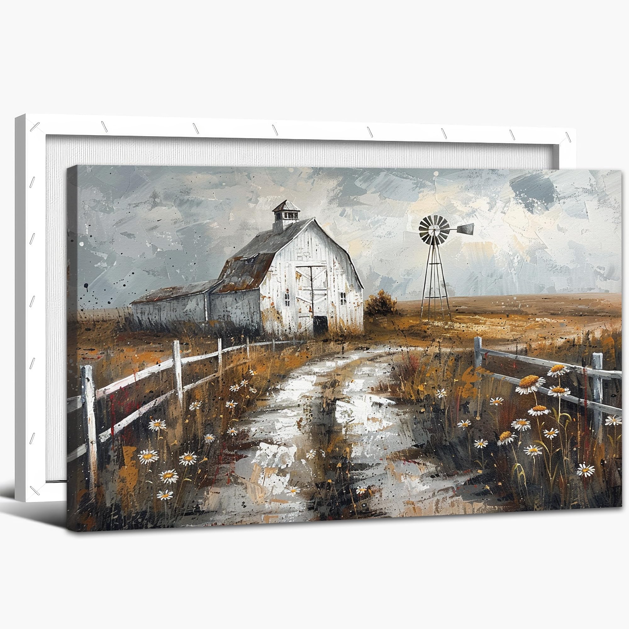 Farmhouse Canvas Wall Art, Old Barn Canvas Country Road Prints Wall Decor, Old Truck Pictures Daisy Flower Wall Art for Country Decor, Rustic Barn