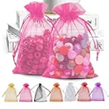 ANZNKU 50 Pack Pink Organza Bags 4 x 6 inch, Premium Sheer Drawstring Organza Bags for Candy Jewelry Party Wedding Christmas Favor Gift Bag