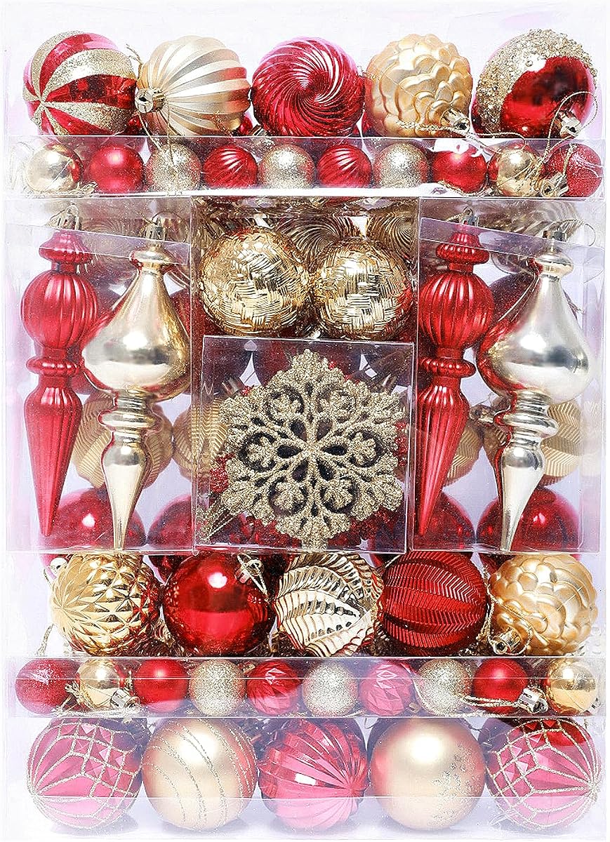HipTree Juego de adornos para árbol de Navidad de oro rojo de 116 quilates, 3,8 a 16,5 cm, bolas colgantes de lujo inastillables, decoración navideña a granel preencordada para árbol de mesa, chimenea, fiesta de Navidad, hogar, interior