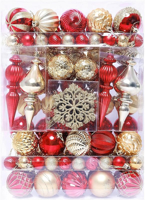 HipTree Juego de adornos para árbol de Navidad de oro rojo de 116 quilates, 3,8 a 16,5 cm, bolas colgantes de lujo inastillables, decoración navideña a granel preencordada para árbol de mesa, chimenea, fiesta de Navidad, hogar, interior