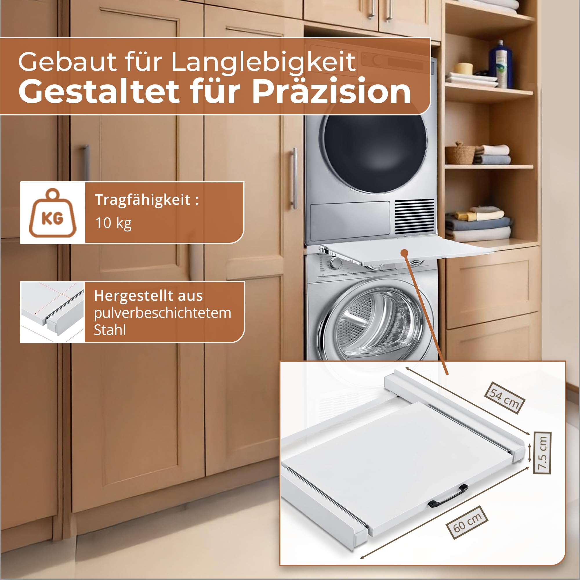 [en.casa] Universal Zwischenbaurahmen für Trockner & Waschmaschine (60cm Breite) - mit ausziehbarem Regal - Waschturm Verbindungsrahmen - Verbindung Alternative zu Waschmaschine Trockner Schrank