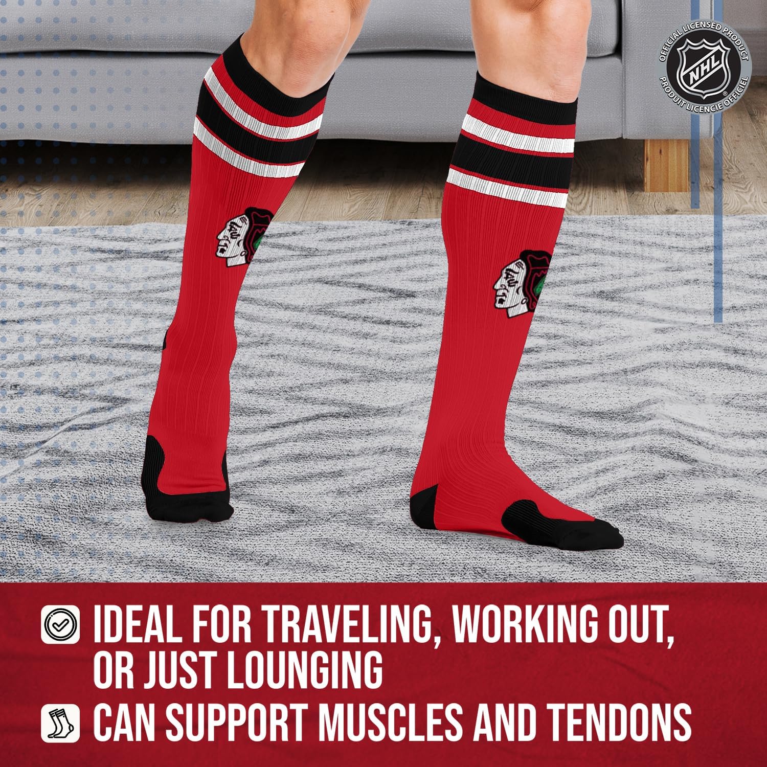 For Bare Feet NHL Adult Knee High-Performance Socks, Unisex Design, Recovery Wellness Exercise Accessory