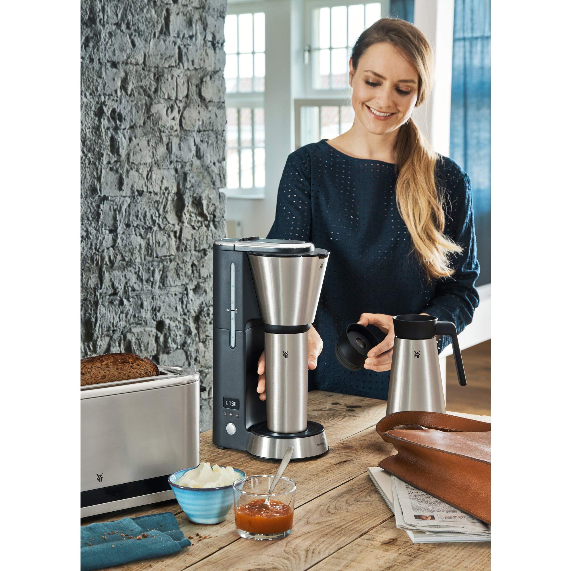 WMF KitchenMinis Macchina da caffè Aroma Thermo to Go in Acciaio Inox 18/10 Cromargan, potenza 870 W, con filtro, caraffa termica 650 ml e thermos 350 ml, finitura satinata opaca