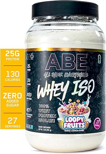 ABE Whey ISO - All Black Everything 100% aislado de proteína de suero con trozos de cereales frutales  Post entrenamiento, 0.88 onzas de proteína,