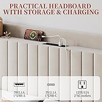 Vista 4 de Yaheetech Base de cama tamaño Queen con estación de carga USB y estante de almacenamiento/plataforma de cabecera tapizada con lado de ala/soporte