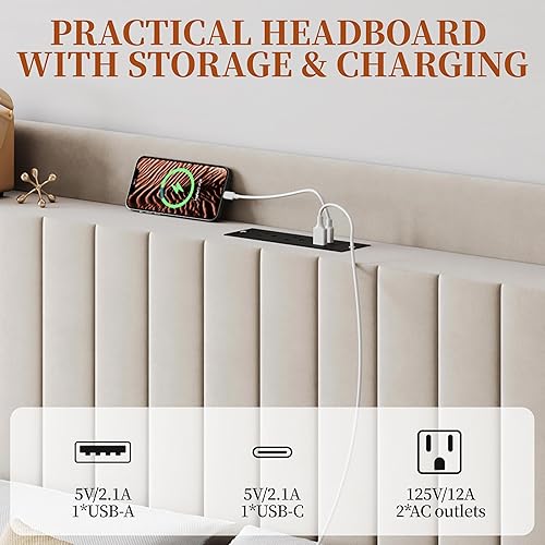 Miniatura 4 de Yaheetech Base de cama tamaño Queen con estación de carga USB y estante de almacenamientoplataforma de cabecera tapizada con lado de alasoporte de