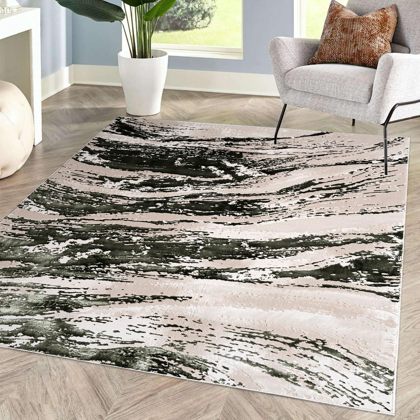 renoazul® Soft Pile Floor Rugs Living Room - Jeze Green Abstract Rug - 120 x 170 cm - Washable Bedroom Carpet For Living Room, Lounge and Fireside Rug