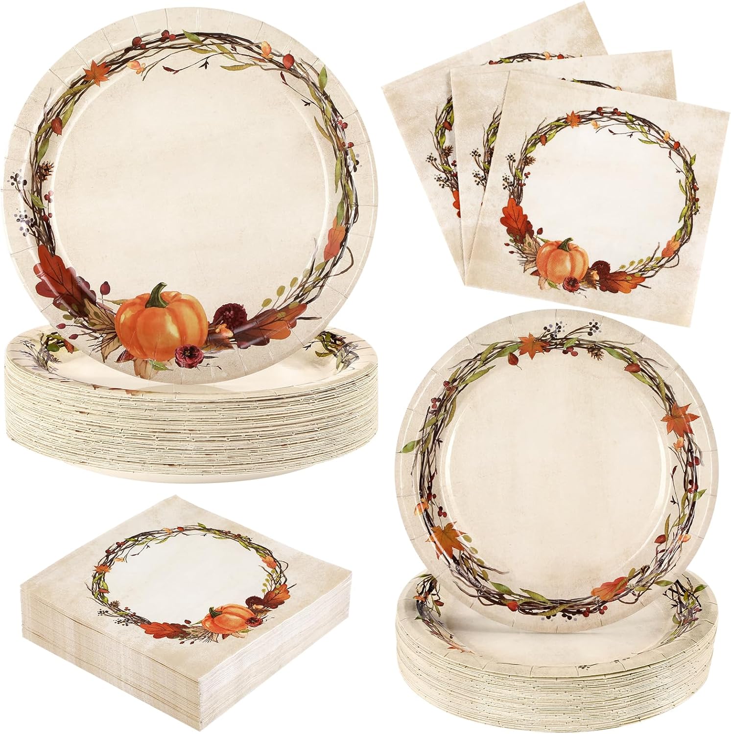 Homlouue 200PCS Fall Plates and Napkins, Thanksgiving Plates Disposable, Watercolor Wreath Paper Plate for Fall Harvest Thanksgiving Party Decor Dinner, Autumn Paper Plate and Napkins Serve 50 Guest