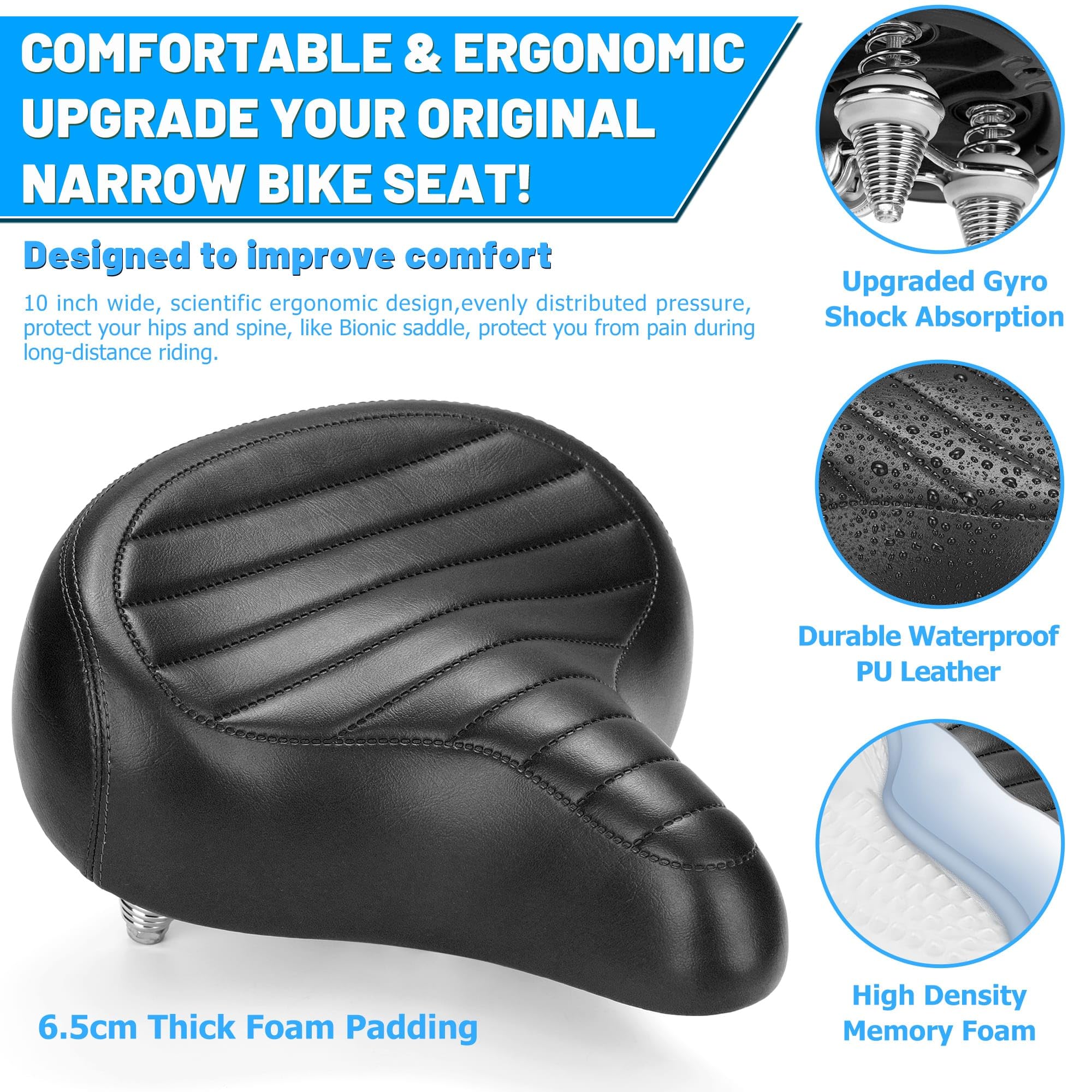 CDYWD Selle de Velo Ultra Confortable Homme et Femme, Rembourrage Doux Ergonomique, Large, avec Suspension, Selle Confort Velo pour VTT, Vélo de Ville, Ebike, Vélo Stationnaire