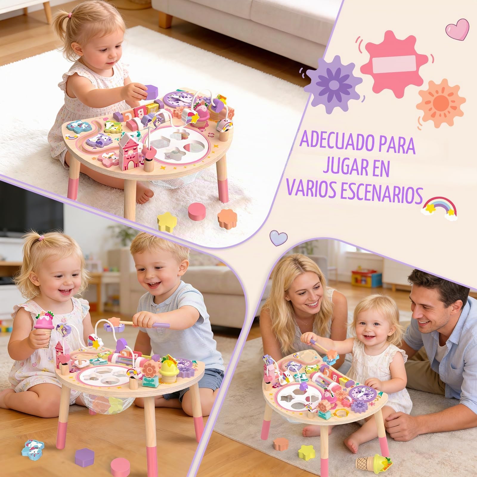 Mesa Actividades Montessori de Madera 10 en 1 Unicornio 18m+ | Agarrar, Clasificar, Girar y Escuchar Apoya la Motricidad Fina con Tareas Simples