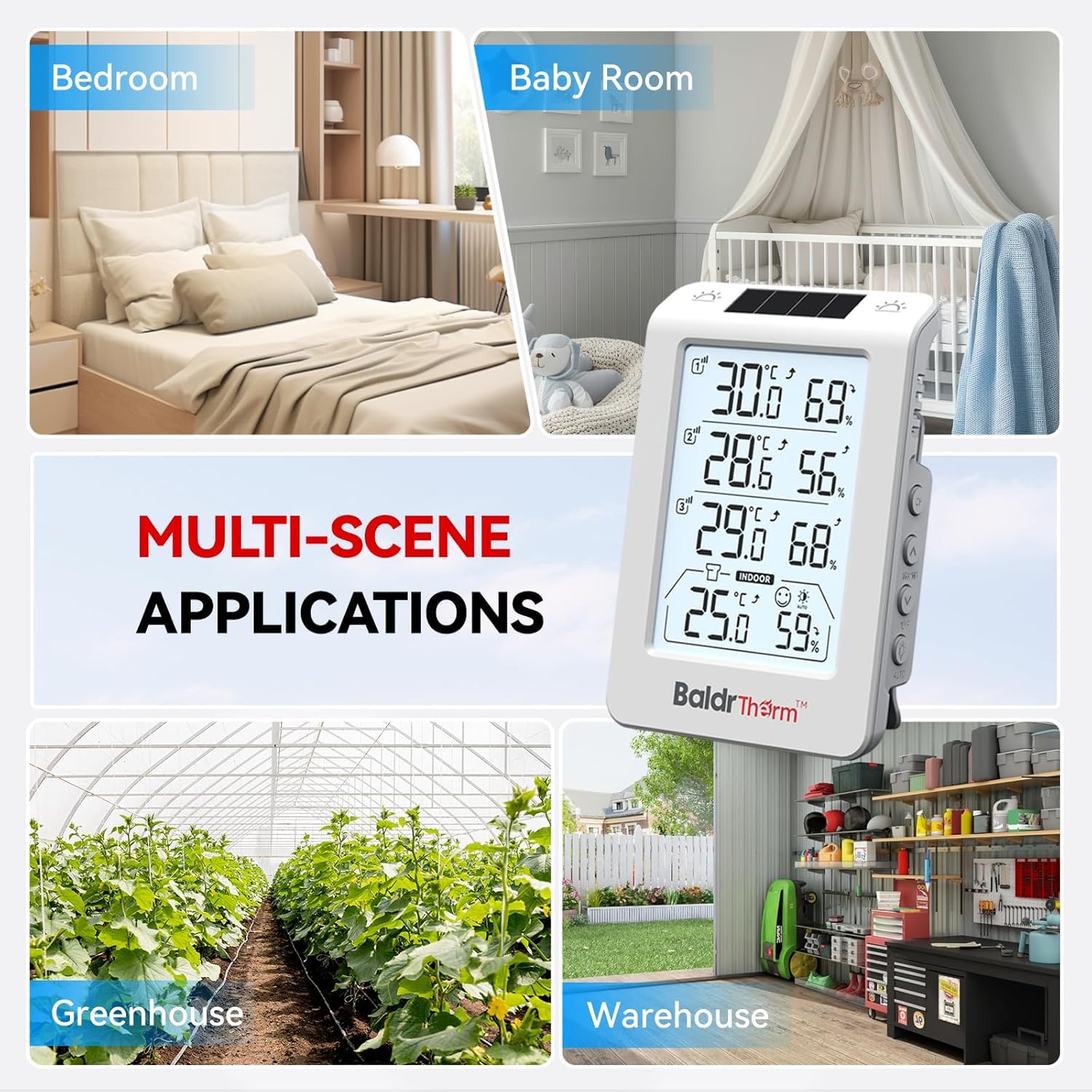 BaldrTherm Wireless Indoor Outdoor Thermometer Hygrometer - 4.8" Display, 330ft Range Sensor, Solar Photosensitive & Smart Adjustable Backlight, Real-Time Monitoring and Alerts