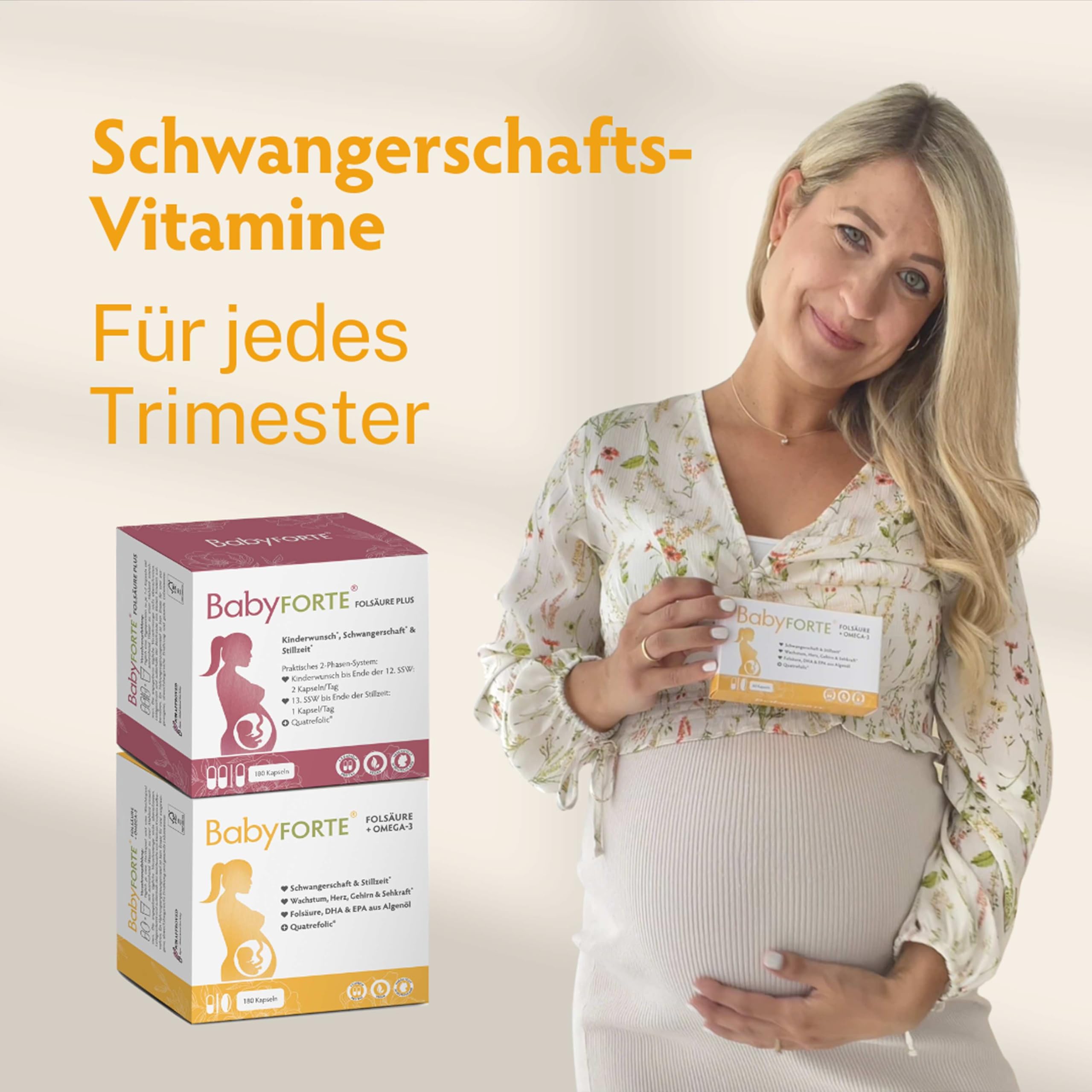 BabyFORTE® Folsäure + Omega-3 Algenöl | vegan | Trimesterbox 180 Kapseln | 18 Schwangerschaftsvitamine | Quatrefolic®, Magnesium, Jod, DHA EPA Schwangerschaft | Stillzeit