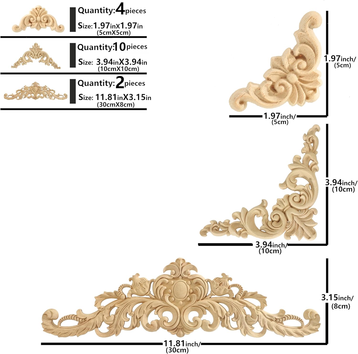 16 Pcs Wood Appliques and Onlays for Furniture Decorative Wooden DIY Decorative Wood Carving Decals for Wall Cupboard Door Bed Cabinet (11.81inch)