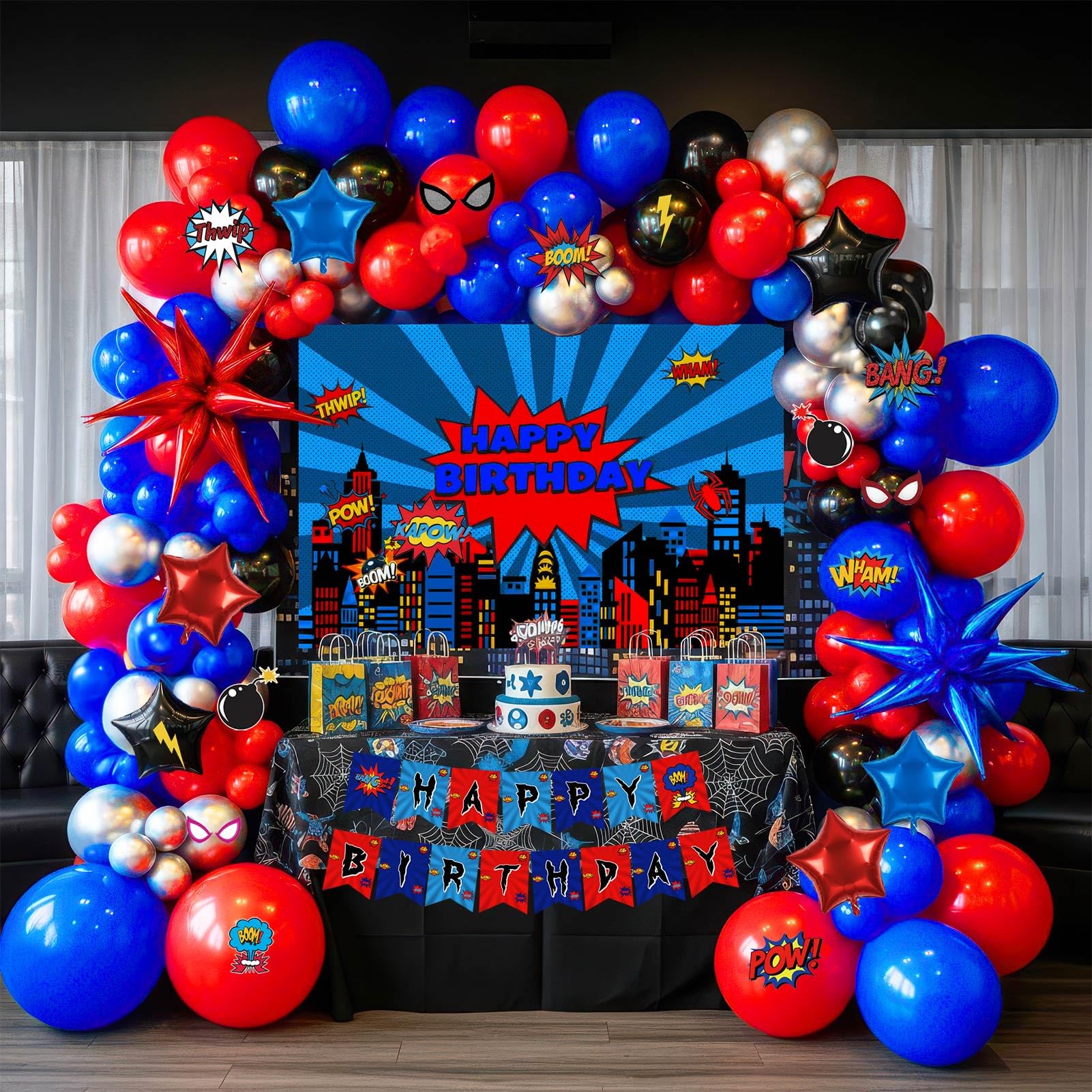 Blue Red Black Balloons Garland Arch Kit 130PCS with backdrop card stickers Large Star Large Starburs mylar balloons for Spider Theme kid birthday