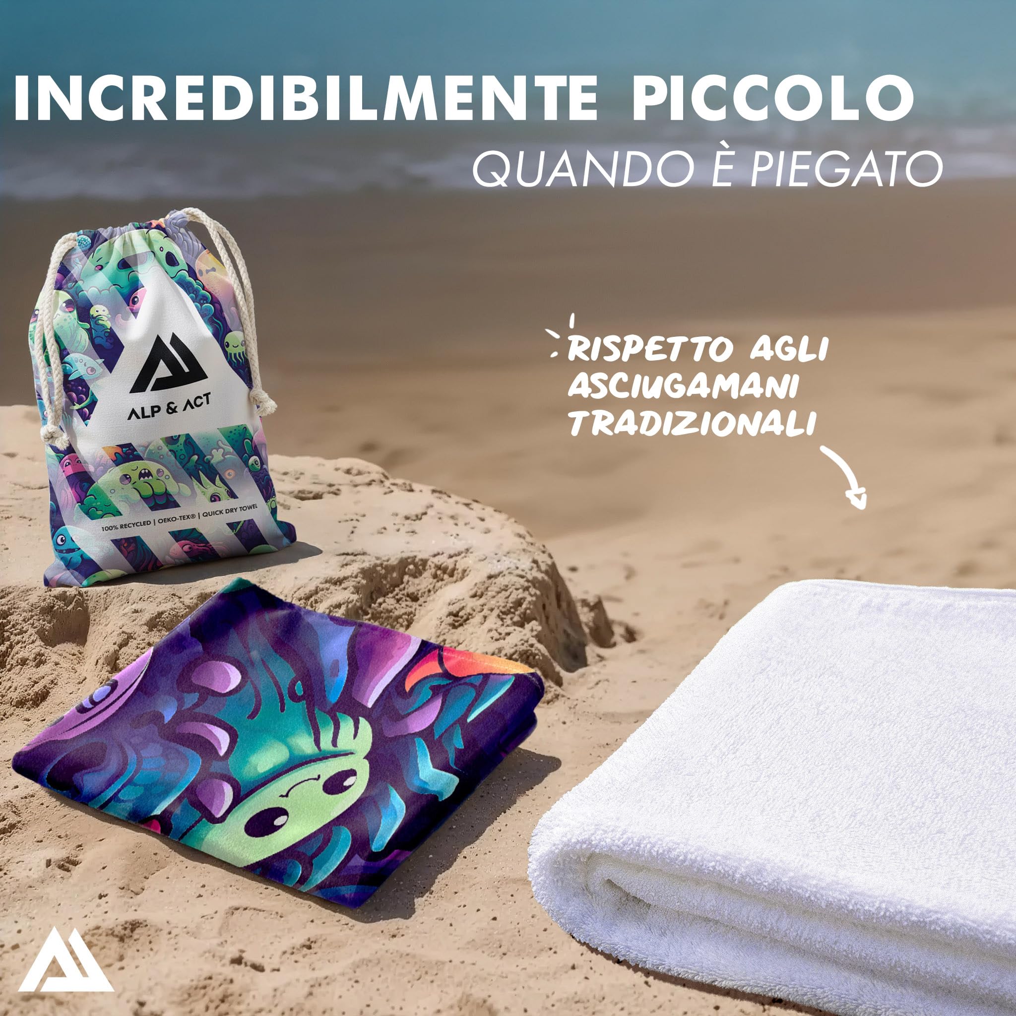 ALP & ACT Telo Mare XXL 200x90 cm - 100% microfibra riciclata - ULTRALEGGERO & asciugatura rapida - Asciugamano grande per vacanza, spiaggia e piscina - Telo bagno - multicolore