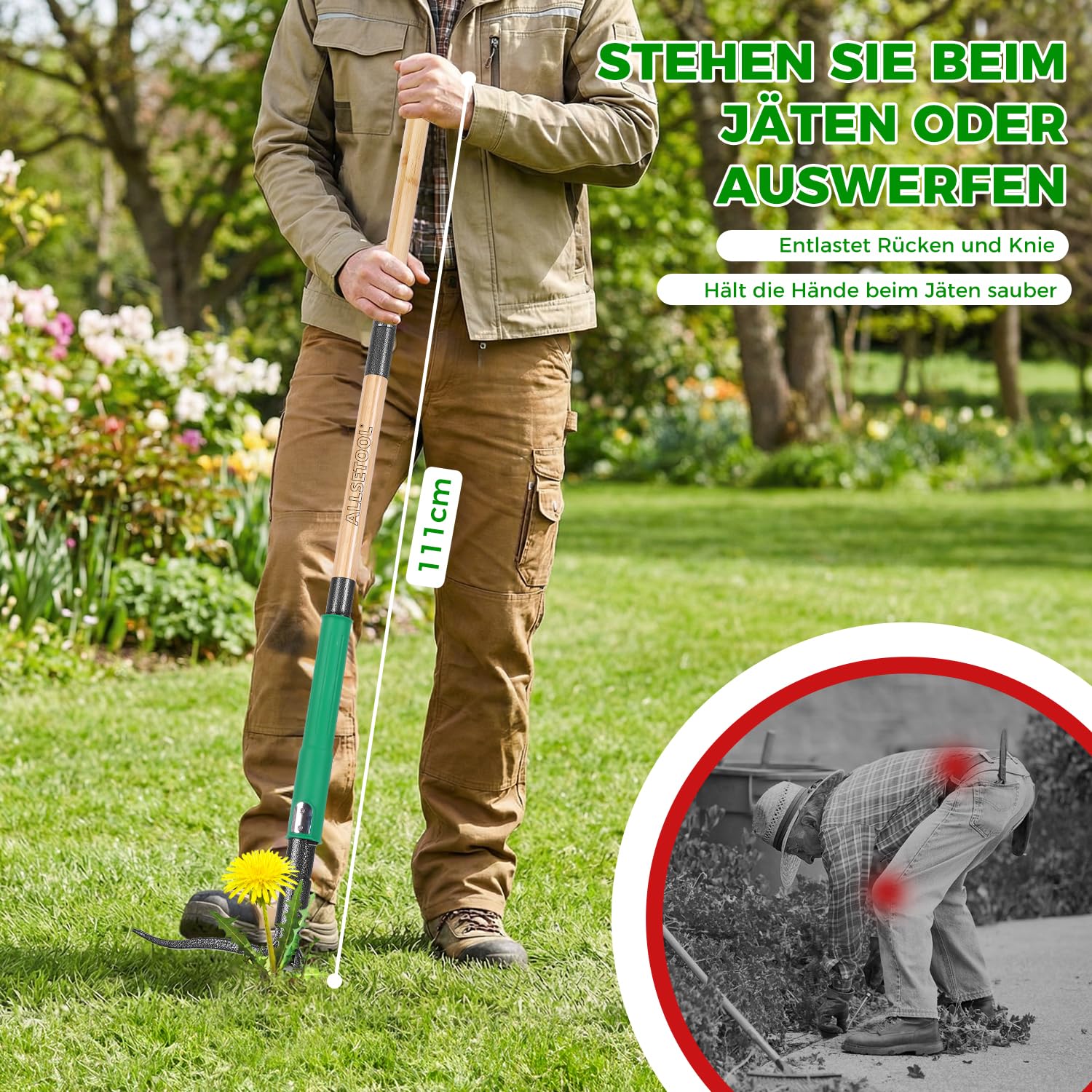 Unkrautstecher mit 2 Auswurffunktionen, 111cm Stiel Unkraut Entferner Gerät, Robuster Garten Löwenzahnstecher, Echtem Bambusgriff, 4 Metallkrallen und Antihaft-Fußpedal