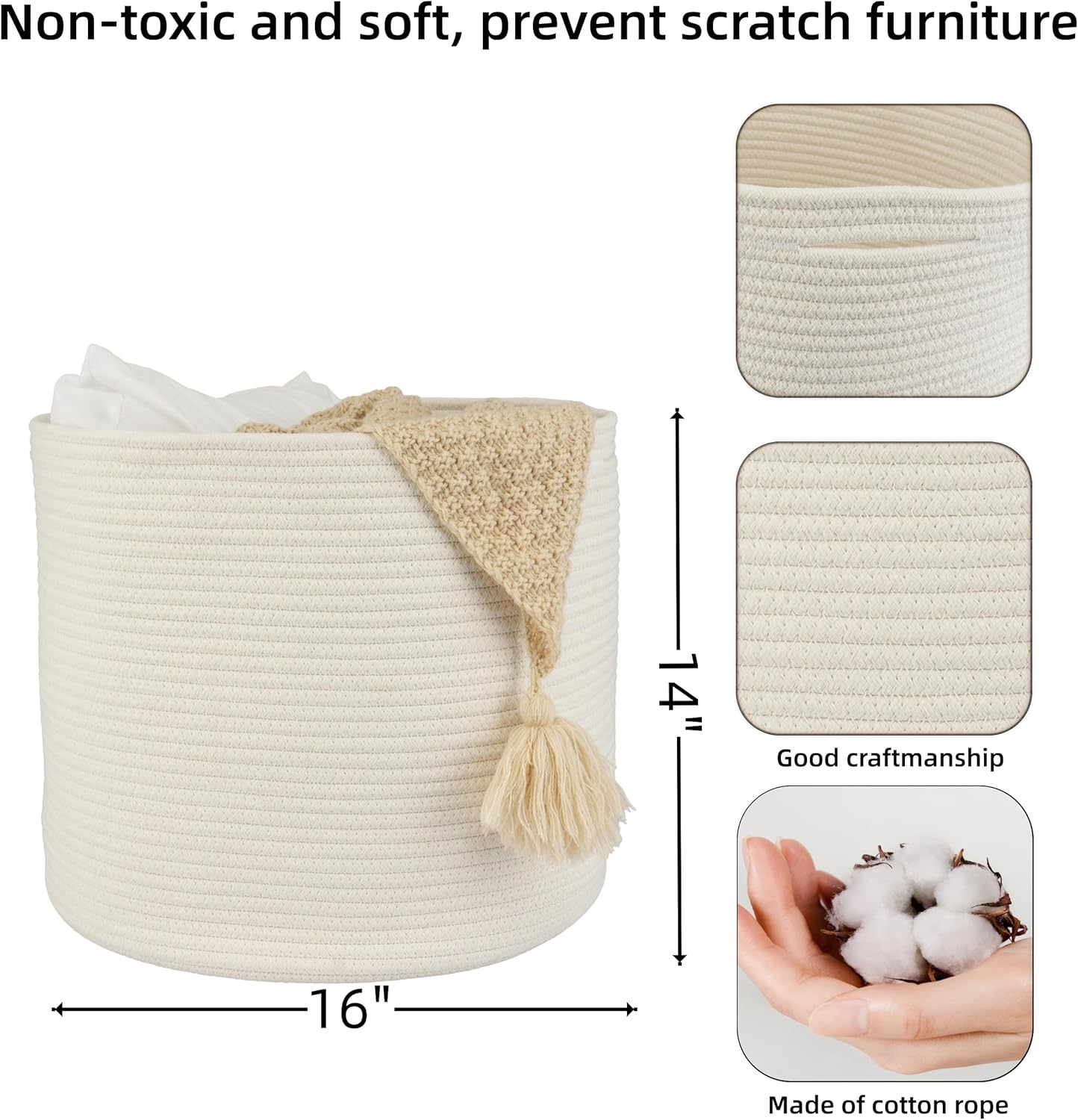 Cotton Rope Basket For Girls Boys Kids 16”X14” Baby Laundry Baskets Nursery Bin Round Woven Basket Organizer For Storage Toys Blankets Shoes Clothes white - Image 2