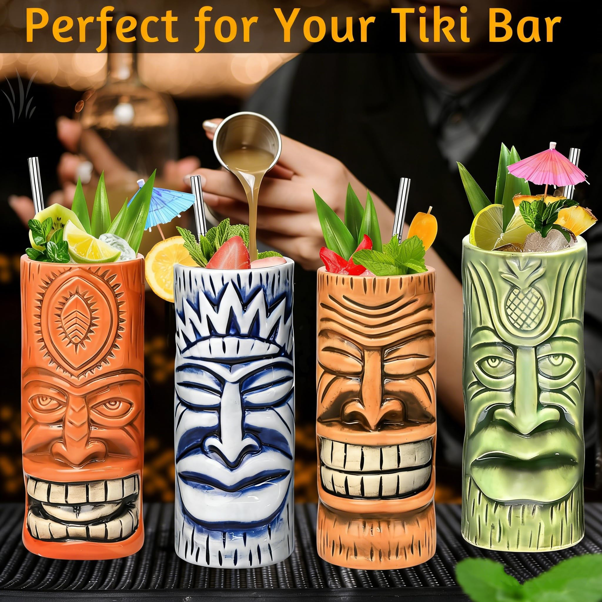 Tiki zestaw 4 kubków – ceramiczne kubki koktajlowe ze szkła Tiki, unikalne kieliszki koktajlowe, do baru, profesjonalny kubek hawajski i naczynia barowe na Halloween, Boże Narodzenie