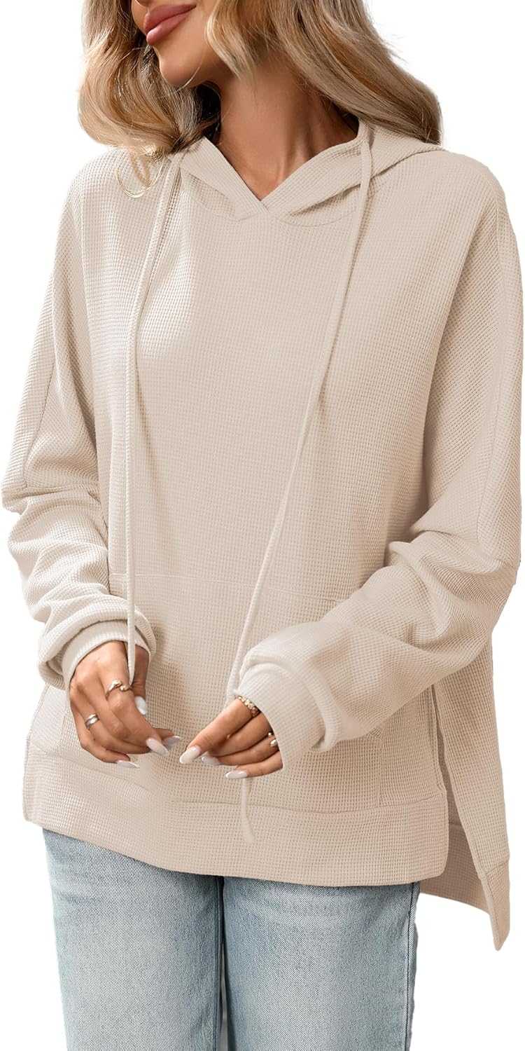 Blostirno Women's Hoodies Casual Long Sleeve Waffle Knit Side Slit Pullover Oversized Hooded Sweatshirt with Pocket - Image 2