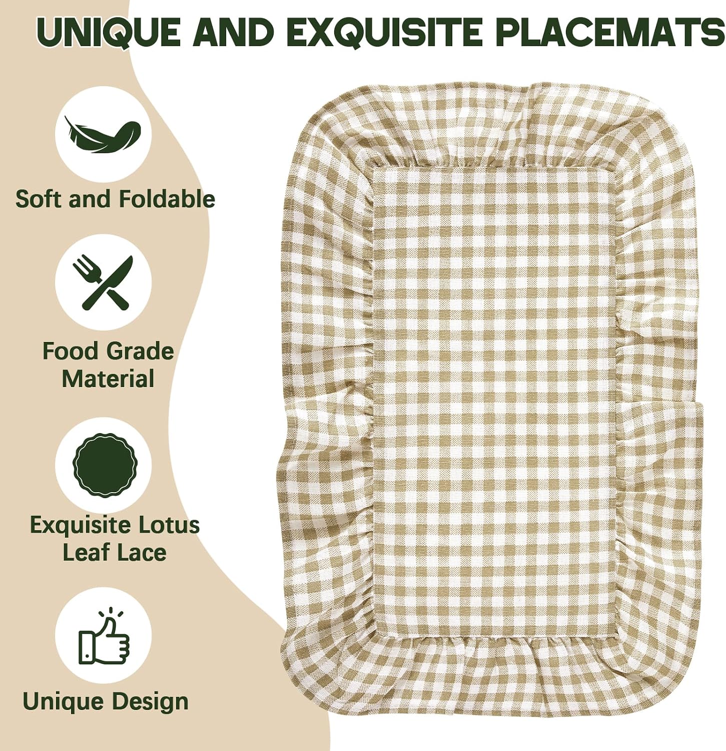 Frienda Set of 4 Light Brown Gingham Plaid Scalloped Placemat with Ruffle, 13.8x17.7 Inch Washable Machine Cotton Rectangle Table Mats for Dining Restaurant Kitchen Table Home Decor