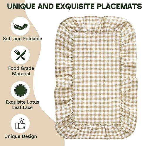 Miniatura 3 de Frienda Juego de 4 manteles individuales rectangulares con volantes, manteles individuales festoneados a cuadros marrón claro de 13.8 x 17.7