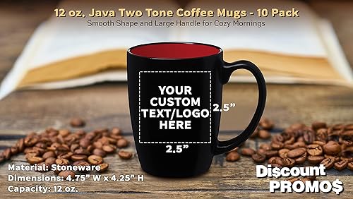Miniatura 4 de DISCOUNT PROMOS Juego de 10 tazas de café Java de dos tonos, 12 onzas. Texto personalizable, logotipo, gres, duradero, fácil agarre, negro azul