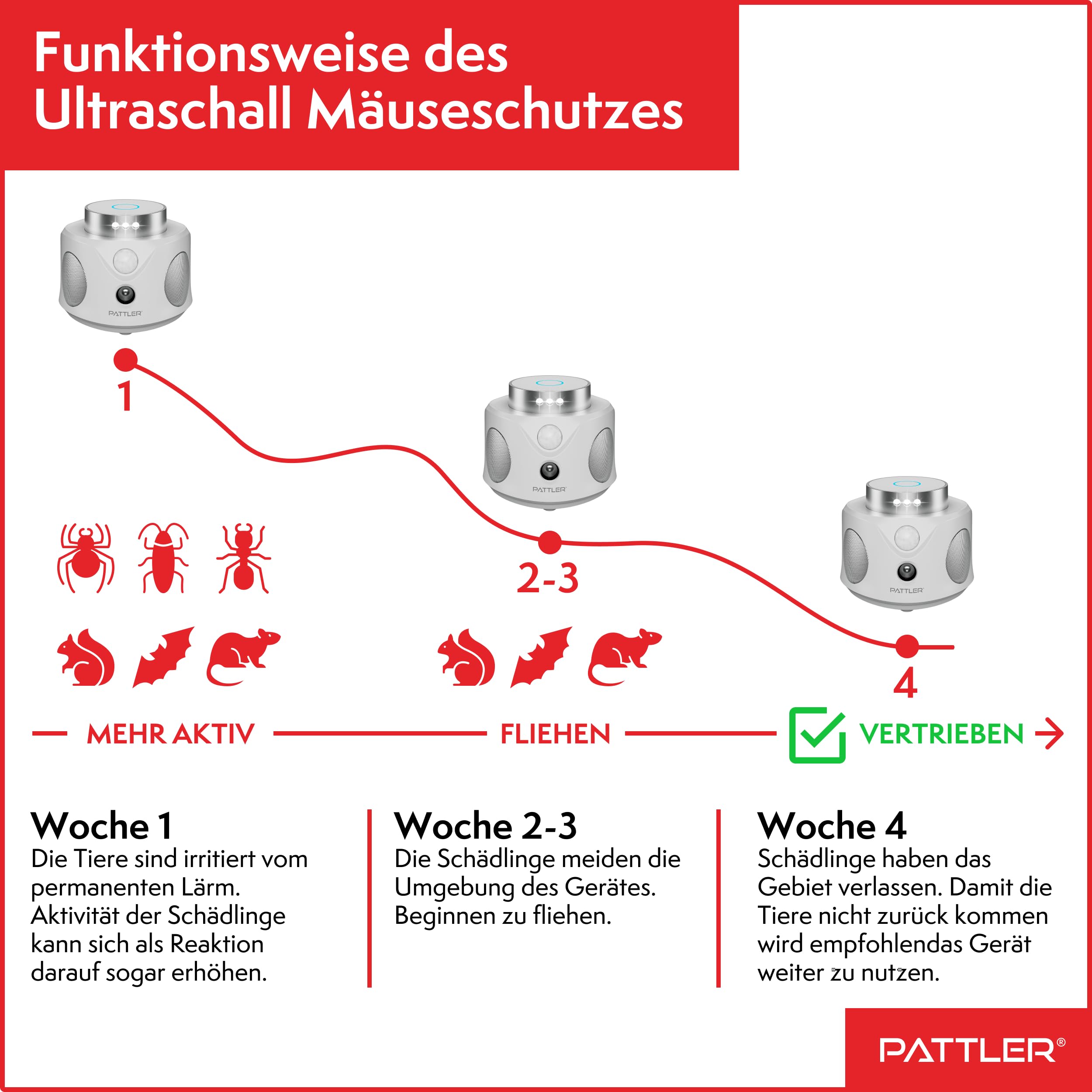 PATTLER® 360° Ultraschall Mäuseabwehr & Rattenabwehr – Mäuse vertreiben und Ratten vertreiben ohne Gift – Mäusevertreiber mit Ultraschall gegen Mäuse und Ratten für Haus, Keller, Garage