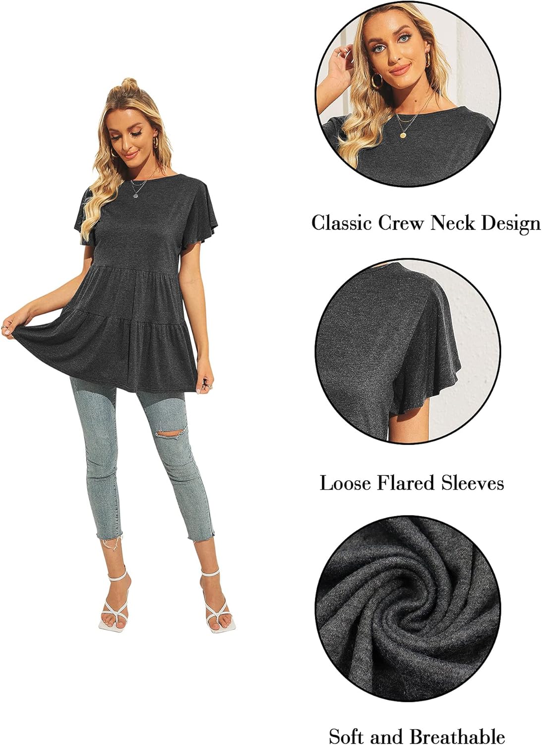 Hibluco Womens Summer Babydoll Tops Short Sleeve Shirts Round Neck Shirt Tunic Blouse - Image 3