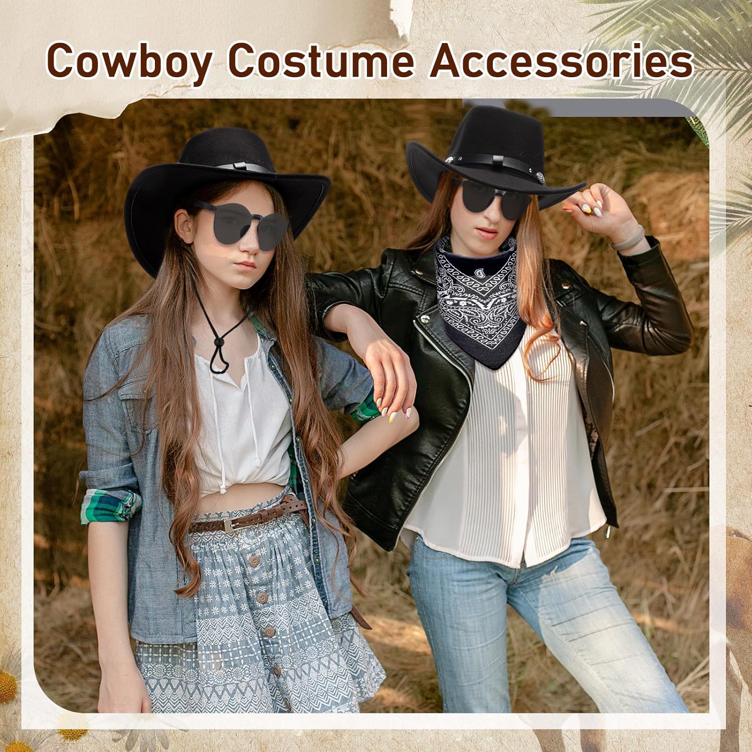 4 Pcs Western Cowgirl Costume Set for Women with Hat, Sunglasses, Bandana, and Earrings Outfit Black - Image 6