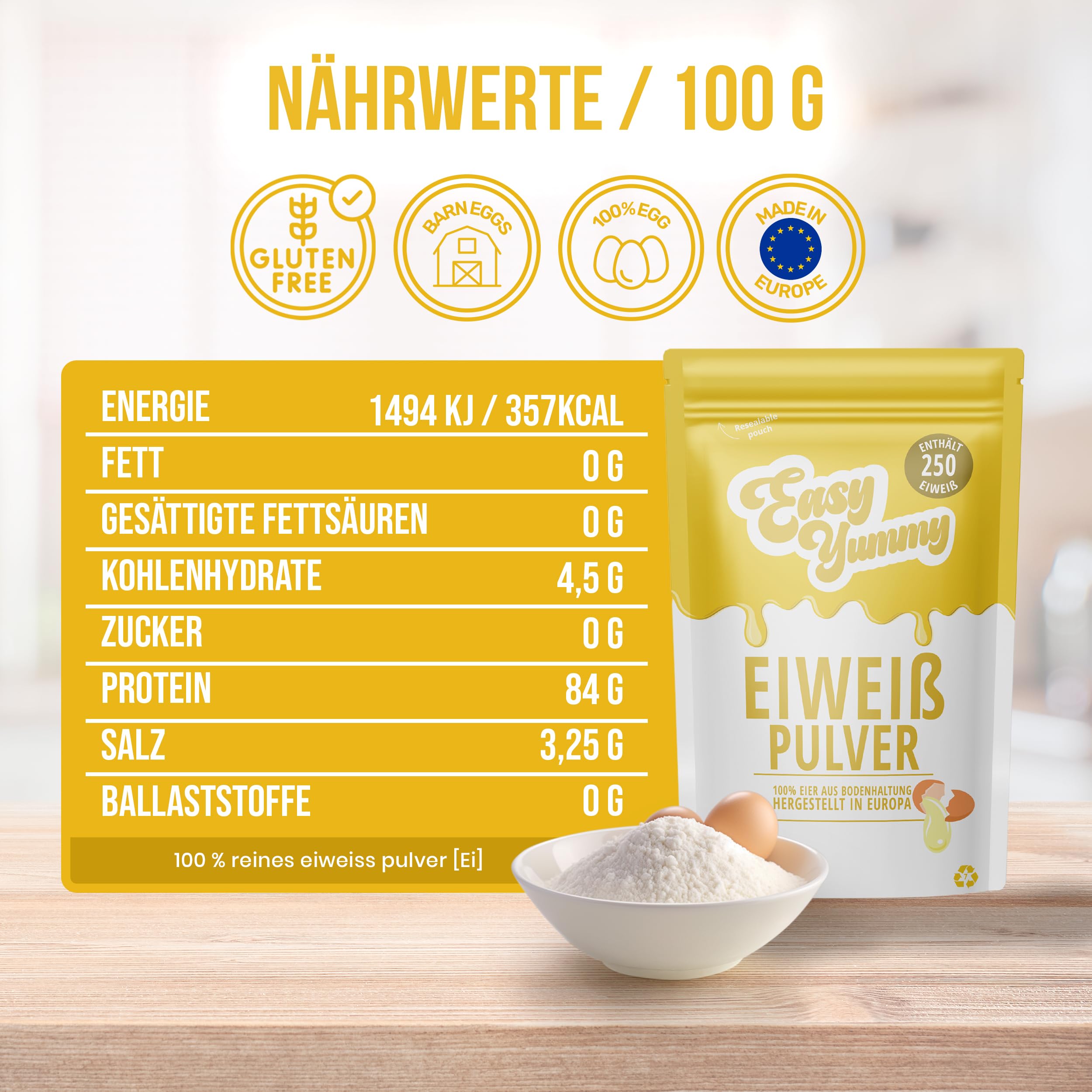 EASY YUMMY Eiklarpulver – 100% reines Eipulver zum Backen & Kochen, 1 kg Großpackung, ideal für Baiser, Pancakes, Proteinshakes & vielseitige Rezepte