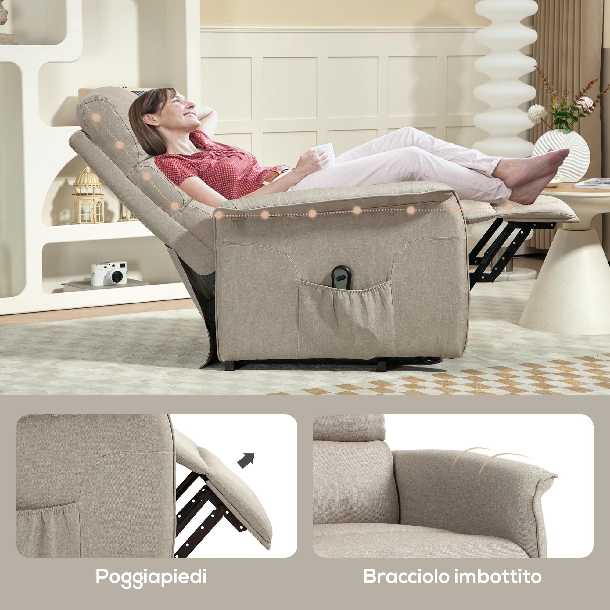 HOMCOM Poltrona Alzapersona Elettrica Reclinabile con Poggiapiedi, Poltrona Relax con Telecomando e Tasca, Beige