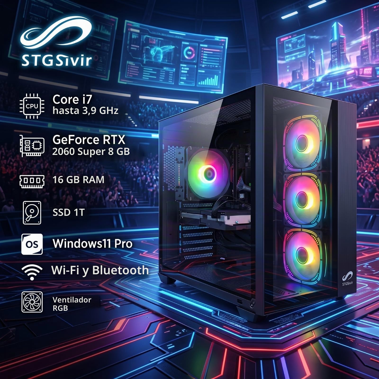 STGsivir PC Gaming, Core i7, RTX 2060 Super 8G, 16G RAM, 1T SSD | Ordenador Gaming para Streaming, Edición de Video, Tareas, hasta 3.9 GHz, WiFi 6, BT 5.0, 4K,HDMI,DP, Win11 Pro, ARGB