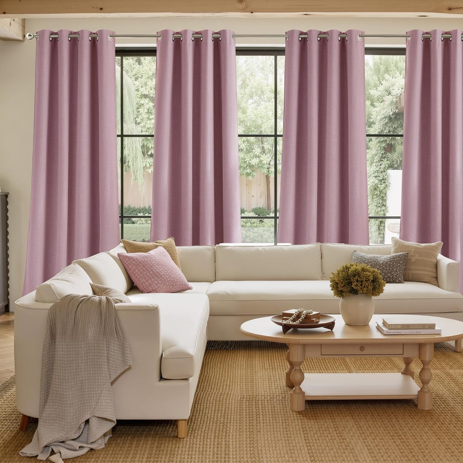 NICETOWN Short Faux Linen Pink Blackout Curtains 63 inches Long for Kitchen - Privacy Panels for Living Room Bedroom, Modern Farmhouse Style Easy Care Grommet Top, 2 Panels, W42 by L63 thumbnail