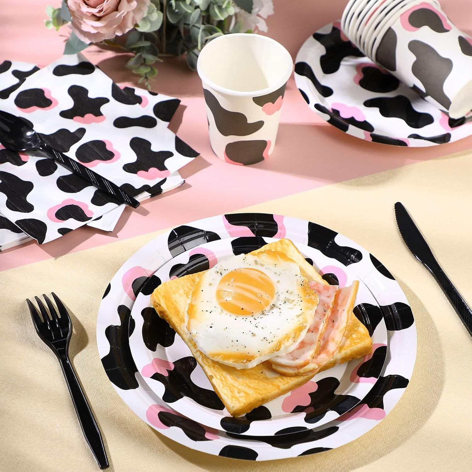 Domensi 350 Pcs Pink Cowgirl Party Supplies Cow Party Tableware Set Serve 50 Cow Print Plates Napkins Cups Cow Theme Party Decoration for Cowgirl Cowboy Farm Animal Cow Theme Birthday Baby Shower - Image 6