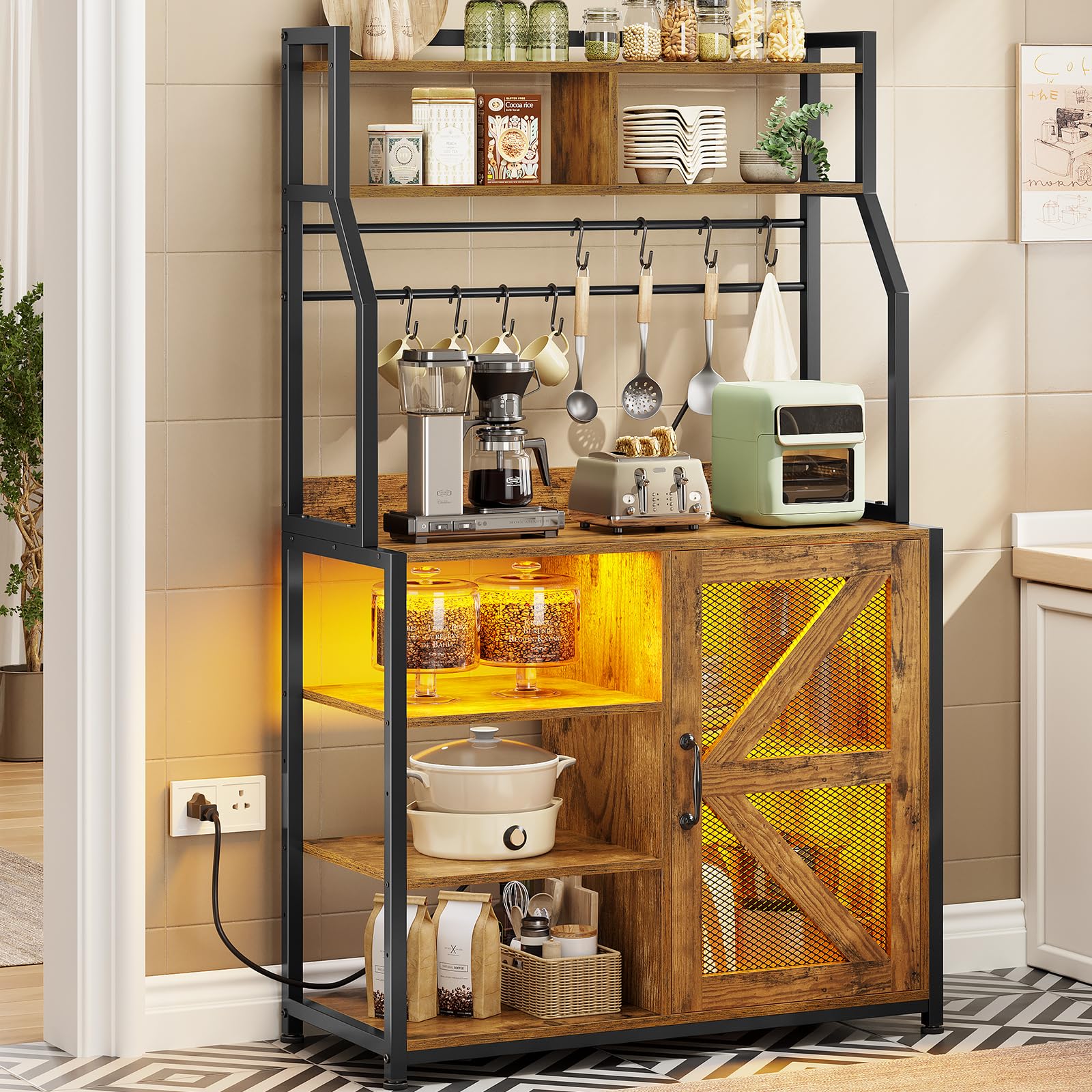 Itaar Bakers Rack with Power Outlet and LED Light, 31.5 Inch Farmhouse Coffee Bar Cabinet, Microwave Stand with Storage Cabinet and 8 Hooks, Rustic Brown