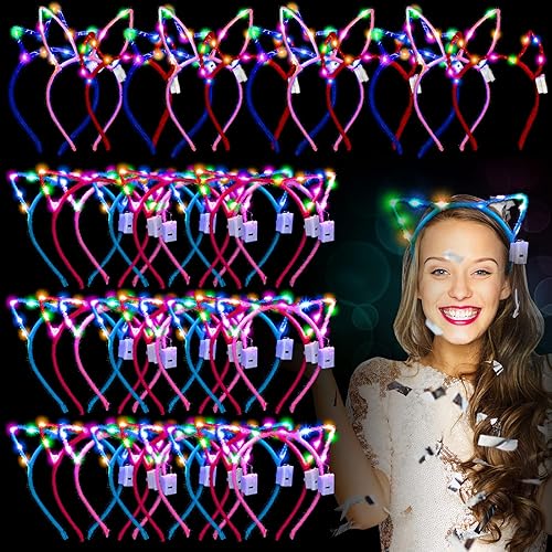 64 diademas de orejas de gato iluminadas a granel, orejas de conejo LED que brillan en la oscuridad, bandas luminosas para el cabello, suministros