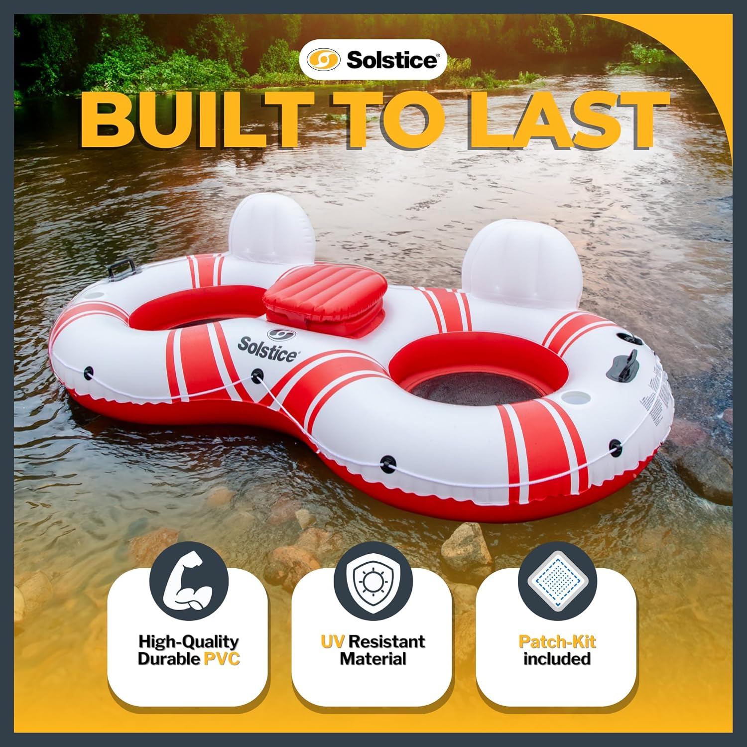 SOLSTICE Inflatable Tube Float – Heavy-Duty Material with Grab Handles for Pool, Lake & River – Compact with Backrest, Mesh Base, Cupholders & Rope – 2-Person, White & Red, 89" – Super Chill