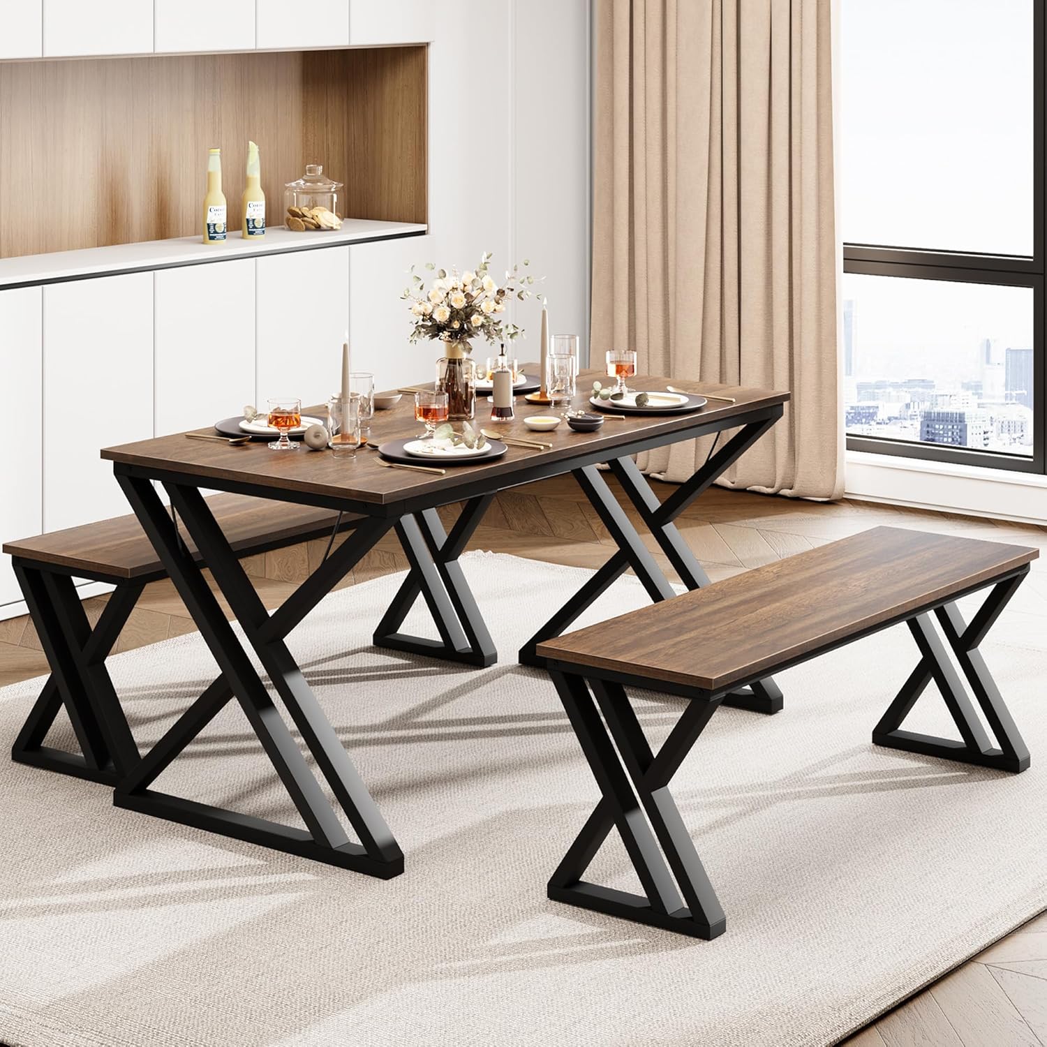 GAOMON 55" Dining Table Bench Set for 4-6, Kitchen Table Set with 2 Benches, Rectangular Dining Room Table Set with Sturdy Metal Frame, Saving Space for Kitchen, Dining Room, Apartment, Black