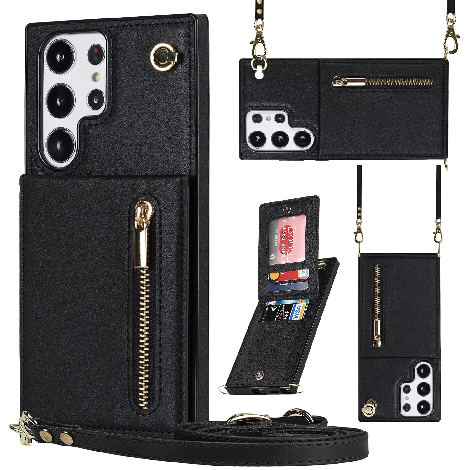 Phone Case for Samsung Galaxy S23 Ultra 5G Wallet Cover with Crossbody Strap Leather Card Holder Flip Cases Credit Slots Magnetic Clasp Stand Cell