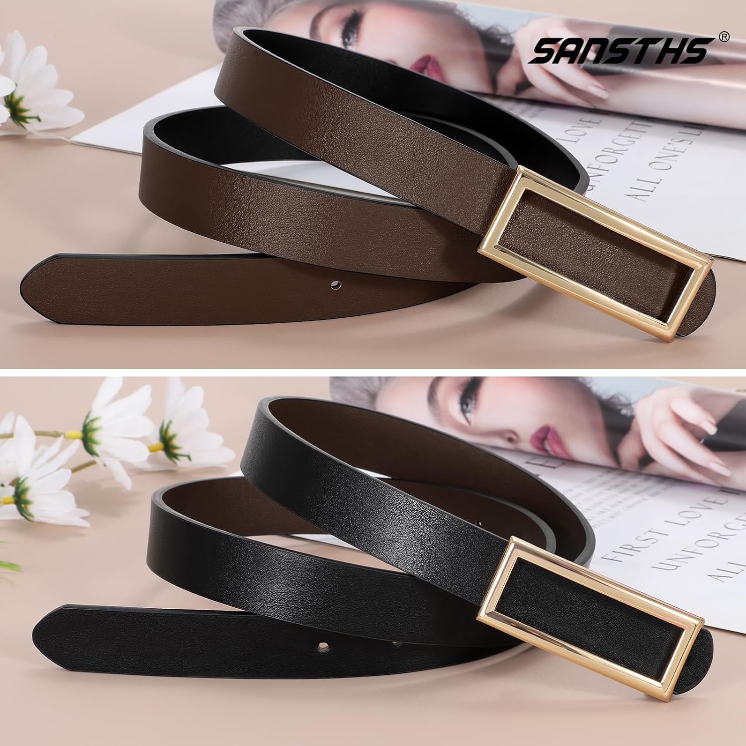 SANSTHS Skinny Reversible Belts for Women, Two-in-one Women Thin Belt for Dresses Jeans Pants with Gold Buckle - Image 5