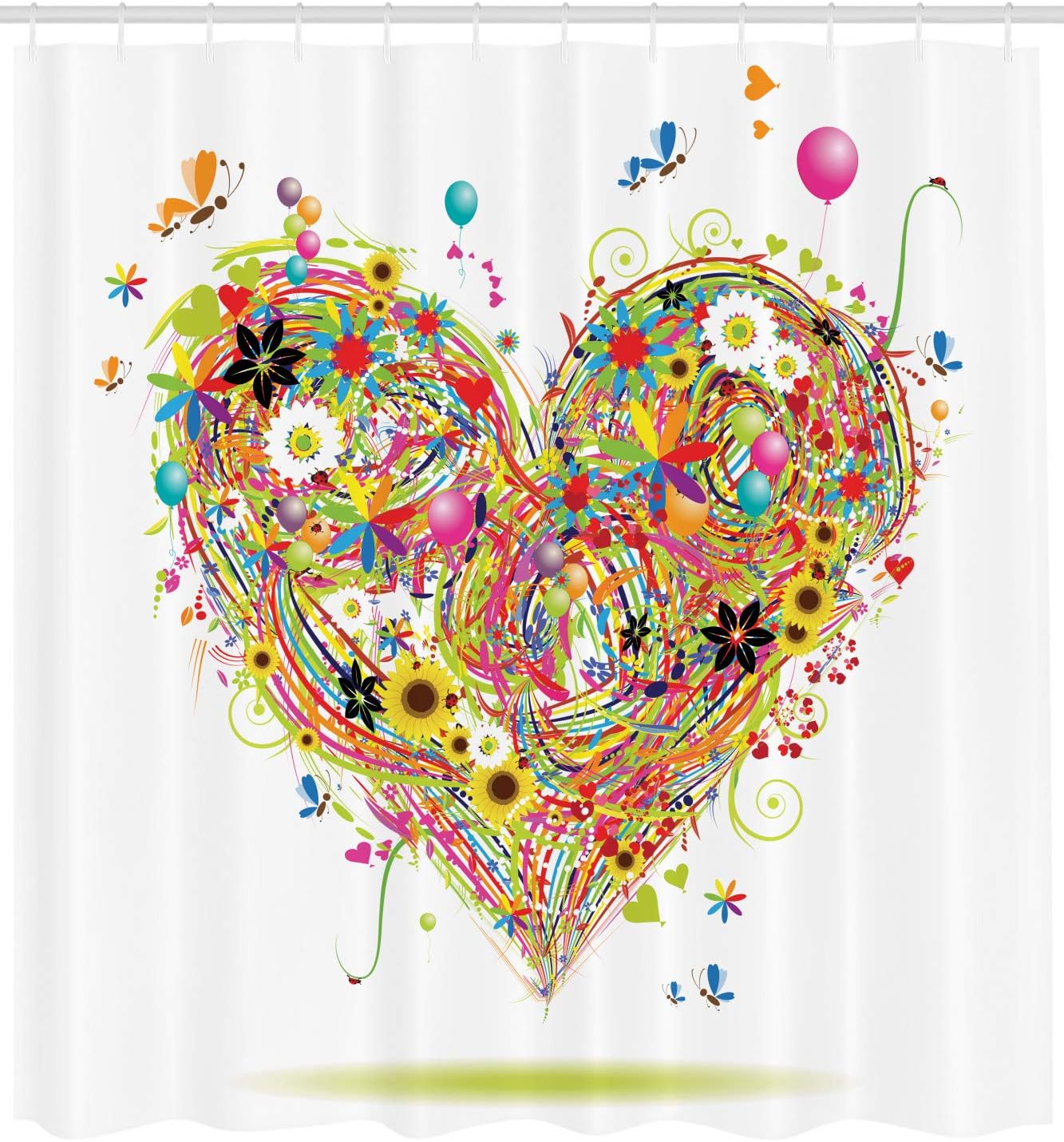 Ambesonne Decorations Hearts Flower & Balloon Heart Daisies Butterflies Sunflowers Ladybugs Grass Floral Bathroom Multicolor Print Polyester Shower Curtain, Green Pink Purple Blue White 69" W By 70" L